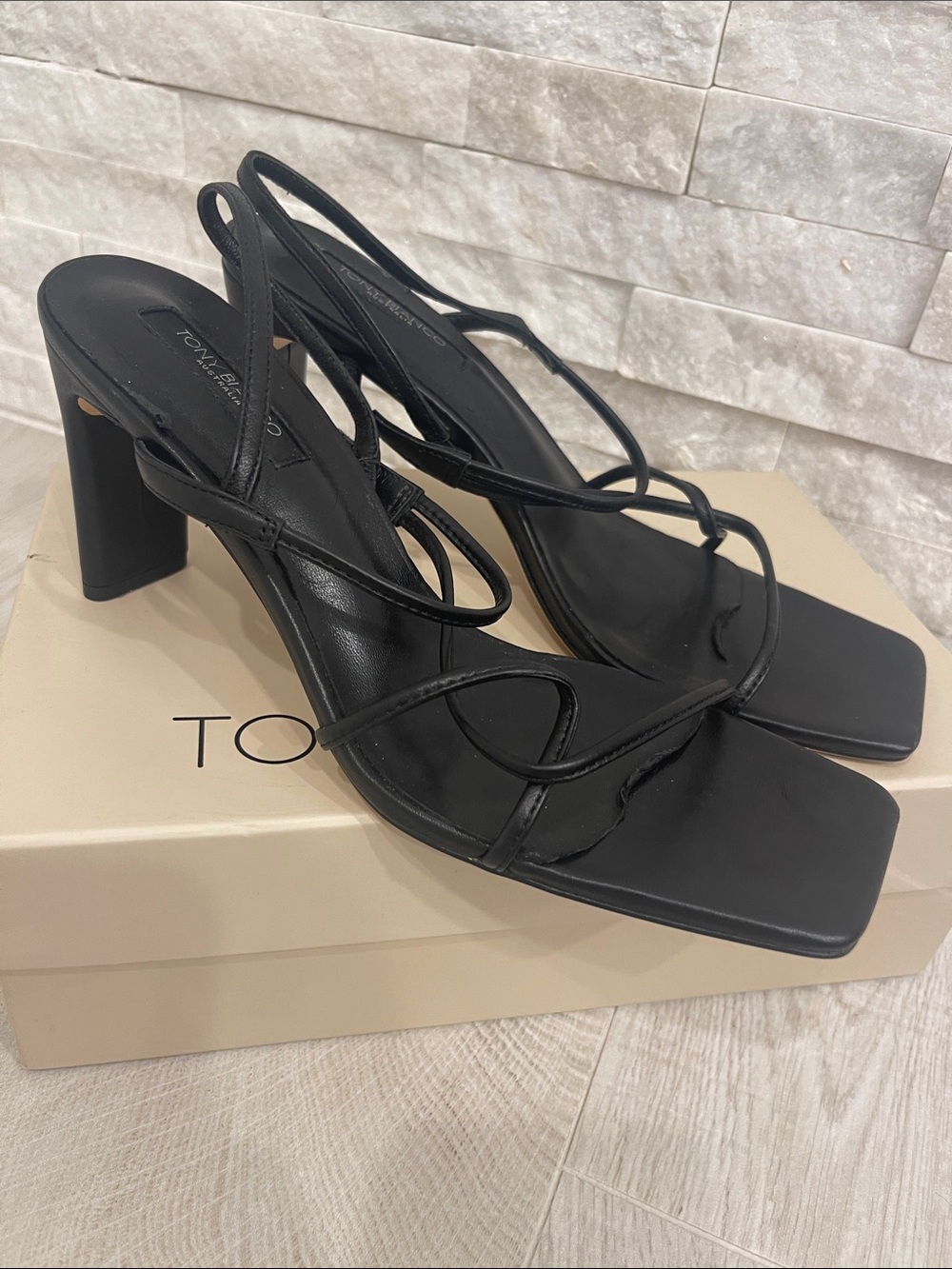 Tony Bianco Black Strappy Square Toe Block Heels